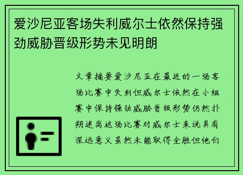 爱沙尼亚客场失利威尔士依然保持强劲威胁晋级形势未见明朗