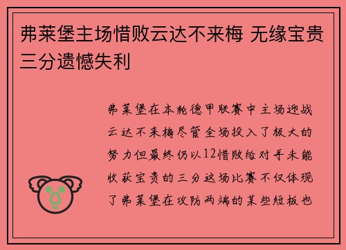 弗莱堡主场惜败云达不来梅 无缘宝贵三分遗憾失利