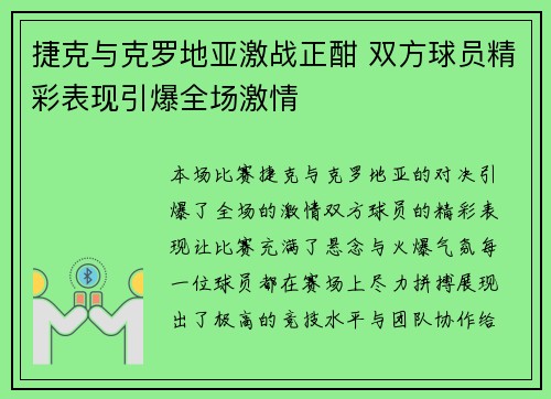 捷克与克罗地亚激战正酣 双方球员精彩表现引爆全场激情