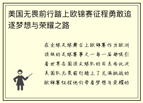 美国无畏前行踏上欧锦赛征程勇敢追逐梦想与荣耀之路