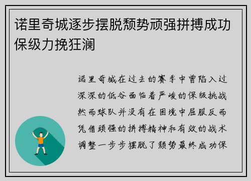 诺里奇城逐步摆脱颓势顽强拼搏成功保级力挽狂澜