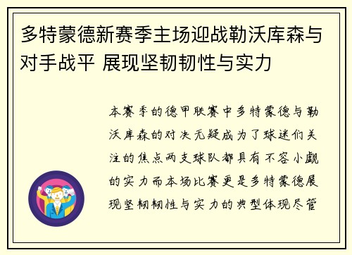 多特蒙德新赛季主场迎战勒沃库森与对手战平 展现坚韧韧性与实力